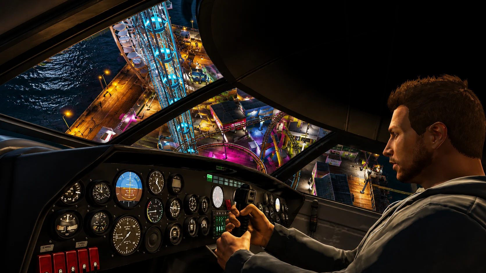 Blick aus dem Cockpit auf das beleuchtete Los Santos